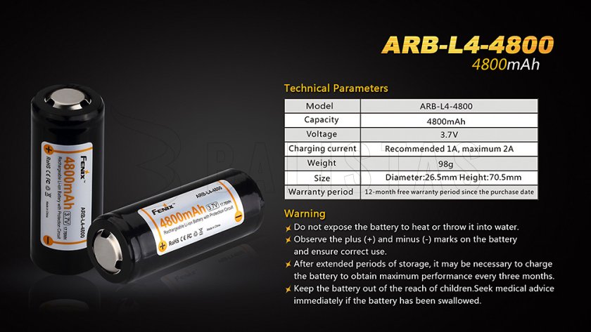 Wiederaufladbarer Akku Fenix 26650 4800 mAh (Li-Ion)